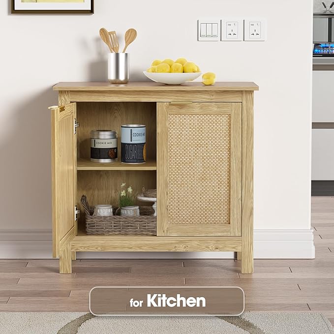 Giluta Sideboard Buffet Cabinet, Farmhouse Kitchen Cabinets with 2 Rattan Doors, 30''H Boho Cabinet for Entryway