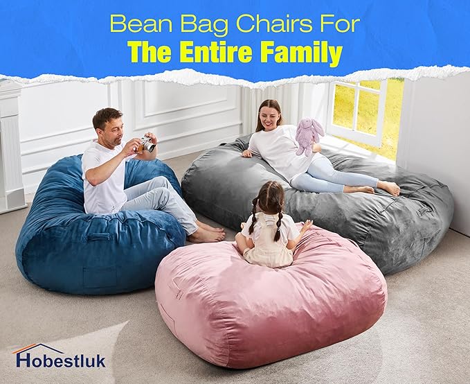 Hobestluk 5FT Bean Bag Chair Large Beanbag Lounger with Removable Cover Adult Bean Bag Chair with Portable Handle Desgin for Living Room Bedroom (Grey, 5FT)