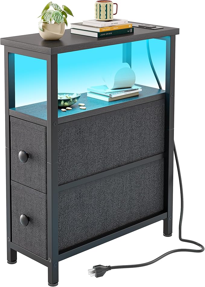 TIQLAB End Table with Charging Station, Narrow Side Table with 2 Fabric Drawers, Nightstand with LED Light, Slim Bedside Table for Bedroom, Living Room, Small Spaces, Black