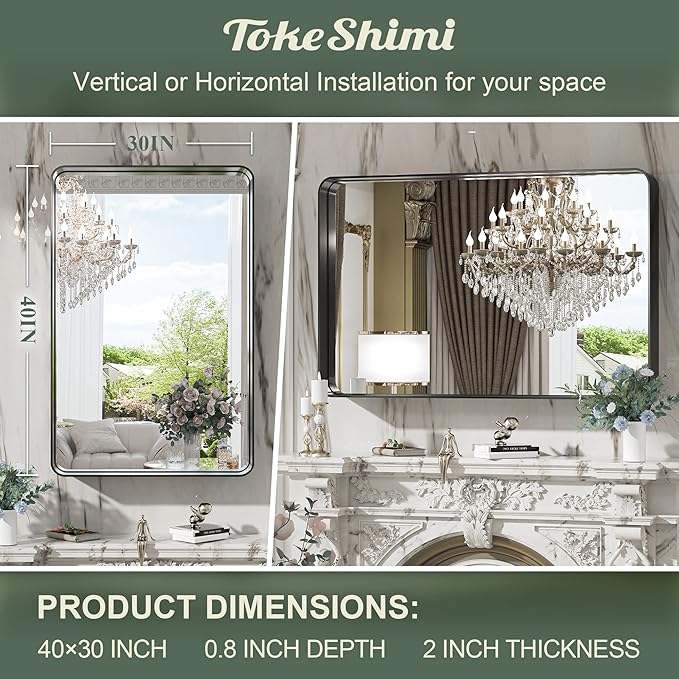 TokeShimi 40 x 30 Inch Wall Mirror for Bathroom Black Metal Frame Decorative Rectangular Wall Mounted Home Decor Corner Hangs Farmhouse Mirror (Horizontal/Vertical)