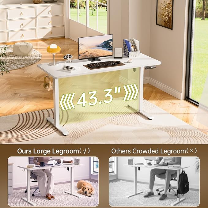 Veken 47.2 Inch Large Electric Standing Desk, 4 Memory Heights Adjustable,Sit to Stand Up, Work Home Office Computer Table for Study, Walking Pad, Writing, and Games, Wooden Desktop Desks, White