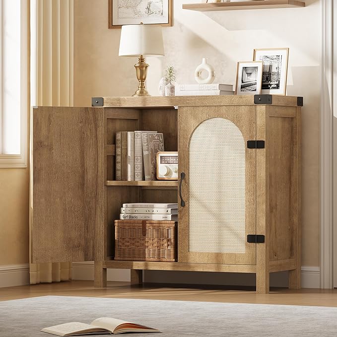 Garvee 31.5'' Small Rattan Buffet Cabinet with Storage, Kitchen Coffee Bar Cabinet with Doors, Boho Farmhouse Sideboard with Adjustable Shelves and Handle for Kitchen, Living Room, Natural