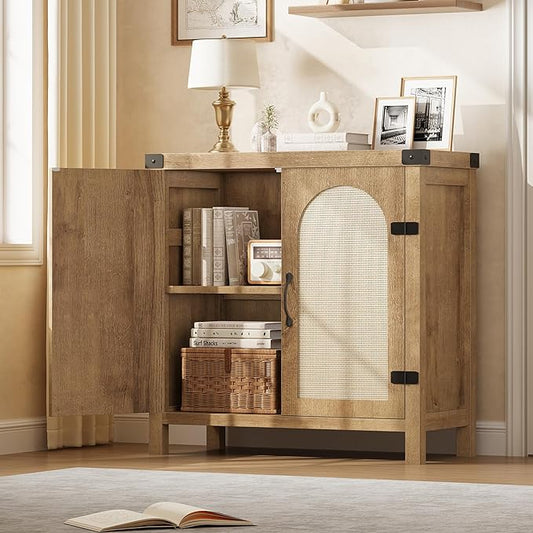 Garvee 31.5'' Small Rattan Buffet Cabinet with Storage, Kitchen Coffee Bar Cabinet with Doors, Boho Farmhouse Sideboard with Adjustable Shelves and Handle for Kitchen, Living Room, Natural