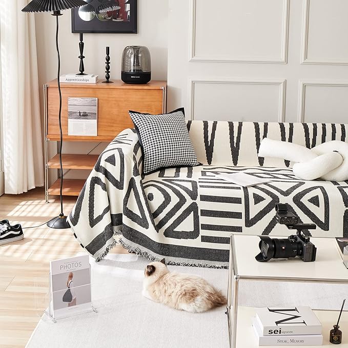 STACYPIK Reversible Boho Couch Cover Ivory Black Futon Armchair Slipcovecrs Anti-Slip Sofa Cover for Dogs Cats Geometric Triangle Couch Cover Versatile Furniture Protector for 2 Cushion Couch-71X102IN