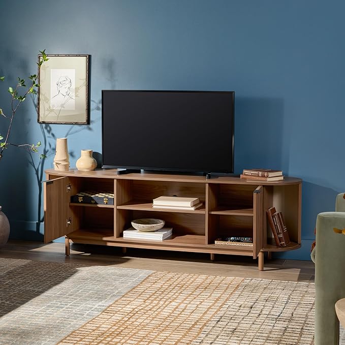 Walker Edison Modern Curved Reeded TV Stand for TVs up to 70 Inches, Credenza with Sliding Doors and Adjustable Shelves, TV Stand with Cord Management Cutout, 70 Inch, Mocha