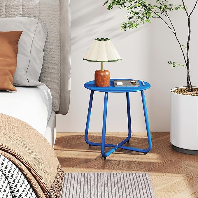 HollyHOME Round Metal Side Table, Rust-Resistant Patio Small Plant Stand, Outdoor 17.32'' Portable End Table for Balconies, Gardens, Living Rooms and Bedrooms, SkyBlue