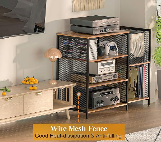Large Record Player Stand Table with vinyl record holder, AV Media Stand With Charging Station & USB Ports, Stereo Cabinet Stand with Led Strip Light, Sturdy, Adjustable Feet, Rustic, Large Capacity