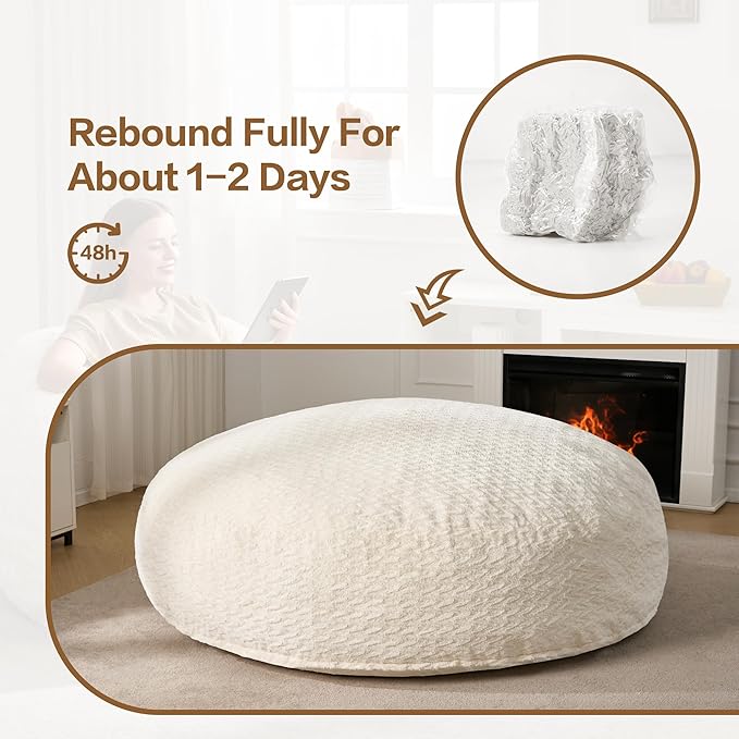 Hobestluk 6ft Bean Bag Chairs for Adults Large Beanbag Chair with Chevron Plush Fur Cover Big Bean Bag Chair for Living Room Bedroom Dorm Office - White (70" x 70" x 15")