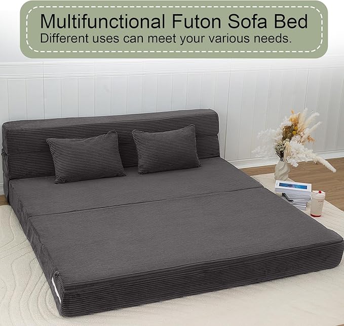 MeMoreCool Boneless Folding Sofa Bed Queen, Corduroy Convertible Sleeper Chair, Foldable Foam Mattress Chair, Comfy Fold‑Out Futon Couch Bed, Large Floor Sofa Couch for Living‑Room Guest