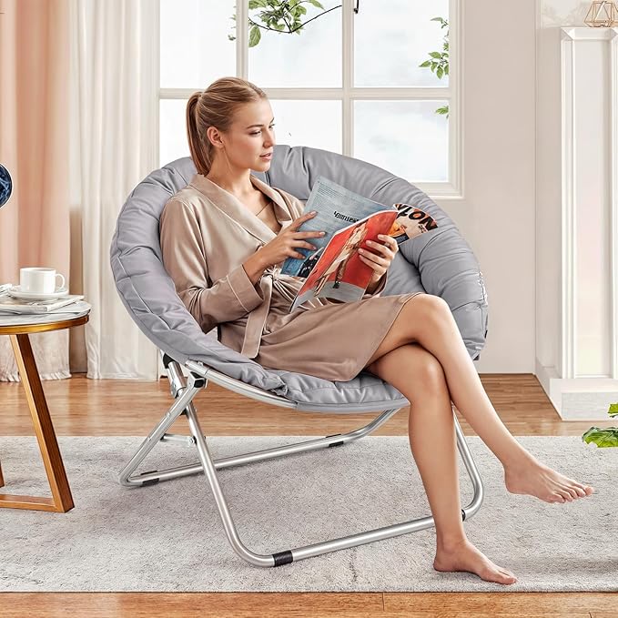 MoNiBloom Round Folding Saucer Chairs Set of 2 for Bedroom Living Room Dorm Foldable Metal Frame Comfy Soft Lounge Lazy Cozy Moon Chairs for Teens (Grey)