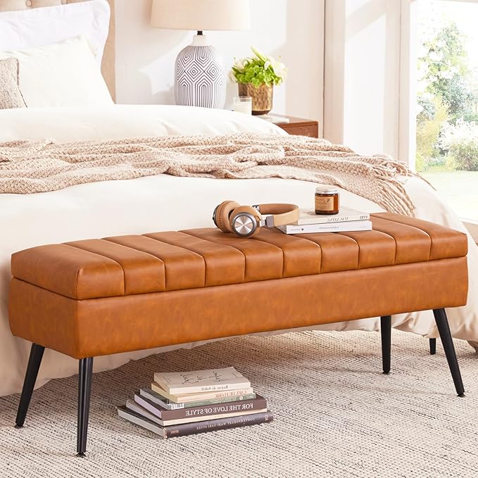 CUYOCA Storage Ottoman Bench, 43.5" Faux Leather Upholstered Entryway Bench, Long Ottoman with Storage for Living Room, Support 660lbs - Cognac Brown