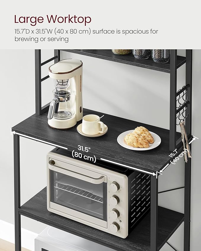 VASAGLE Coffee Bar, 31.5 Inches Baker's Rack for Kitchen with Storage, 6-Tier Kitchen Shelves with 6 Hooks, Microwave Stand, Industrial, Charcoal Gray and Black UKKS019B22