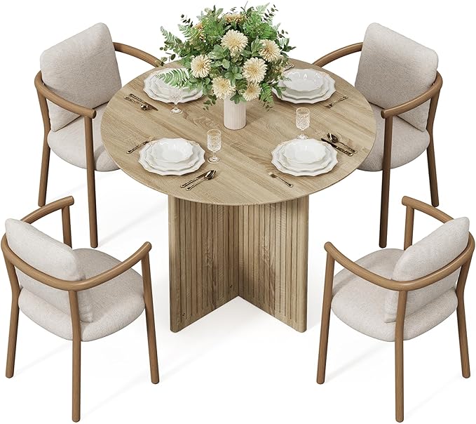 LITTLE TREE Round Dining Table for 4-6 People, Modern Wooden Kitchen Table with Pedestal Base, Small Dinner Table for Dining Room, Kitchen, Living Room