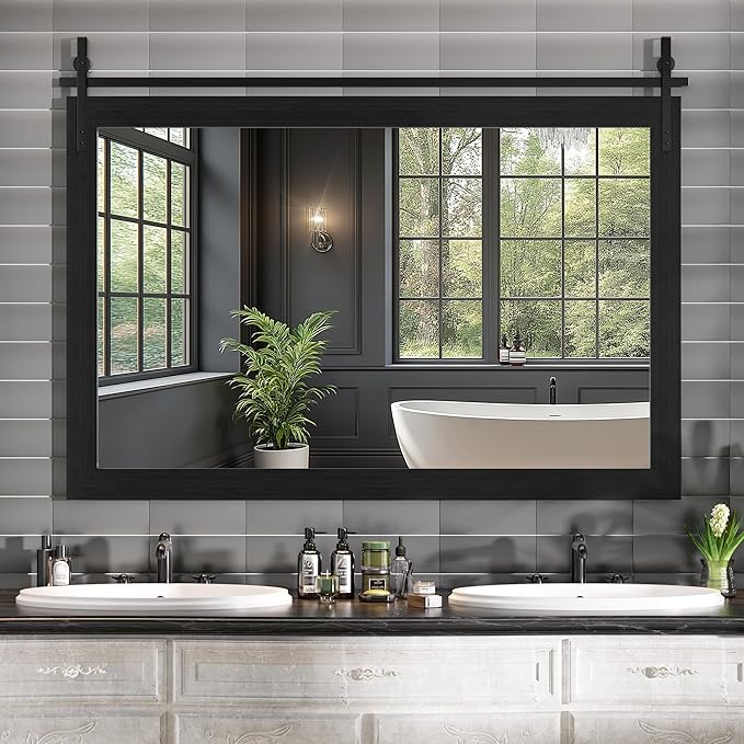 Hasipu Farmhouse Bathroom Mirror, 55"x36" Rustic Wood Framed Wall Mounted Mirror, Black Vintage Vanity Mirror Barn Door Style Decrative Mirrors