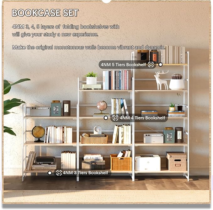 4NM No Assembly 5 Tiers Book Shelves, White Folding Bookshelf Bookcase Open Industrial Foldable Shelves for Bedroom, Living Room, Home Office - Natural White