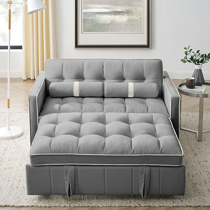 ERYE 3 in 1 Tufted Sleeper Sofa Bed with Cylindrical Pillows,Modern Convertible Loveseat Sofá W Pull Out Sleep Couch Bed and Side Pockets,Velvet Upholstered Love Seat Sofabed for Living Room