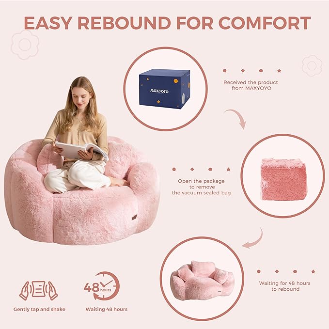 MAXYOYO Bean Bag Chair with 3 Pillows, Oversized Floral Shaped Bean Bag Sofa for Adults, Ultra Soft Faux Fur Floor Sofa, Large Stuffed Reading Chair for Living Room Bedroom, Pink