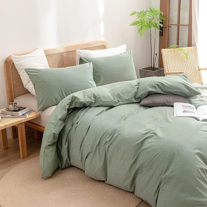 BESTOUCH Duvet Cover Set 100% Washed Cotton Linen Feel Super Soft Comfortable Chic Lightweight 3 PCs Home Bedding Set Solid Green Oversized Full