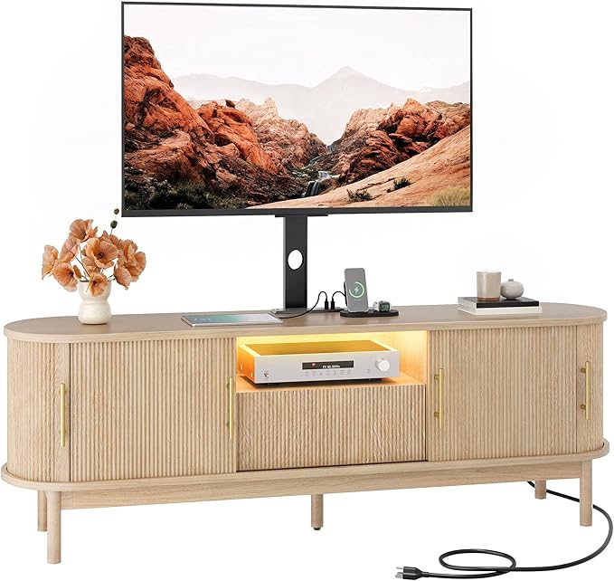 YITAHOME Fluted TV Stands for Living Room with Mount, Modern LED Entertainment Center for 75 Inch TVs, Curved TV Stand with Power Outlets & LED Light, Curved Profile Design, Natural Oak