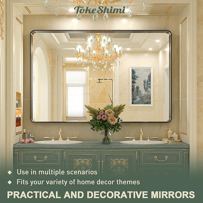 TokeShimi Black Bathroom Mirror for Wall Vanity Mirror with Non-Rusting Aluminum Alloy Brushed Matte Metal Frame for Modern Minimalist Farmhouse Home Decor (Horizontal/Vertical) (55x 36 Inch)