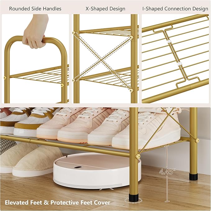 Hoctieon 3 Tier Mesh Style Shoe Rack, Entryway Shoe Shelf, Shoe Storage Organizer, Shoe Rack for Closet, Space Save for Bathroom, Garage, Hallway, Bedroom, Living Room, Gold