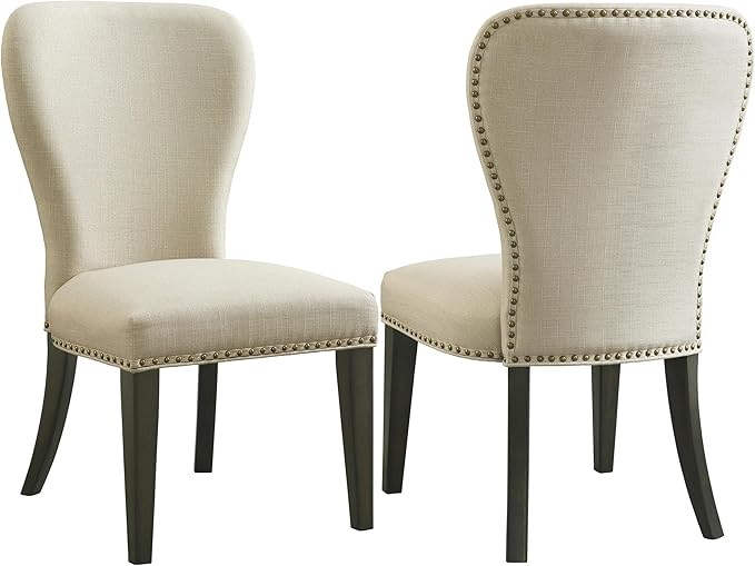 Alaterre Furniture Savoy Upholstered Dining Chairs – Set of 2 Parsons Style Accent Chairs with Cream Linen Fabric, Nailhead Trim, and Dark Stained Legs – for Dining Room, Desk, or Sitting Area