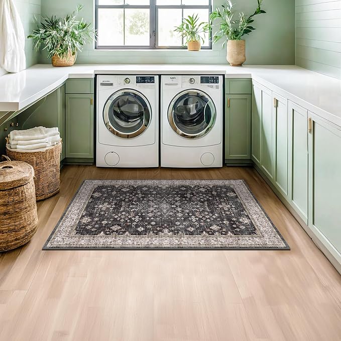 Large 3x5 Entryway Rug Indoor - Washable Non-Slip Low Pile Ultra Soft Area Rug for Large Kitchen, Bedroom Bedside, Mudroom - Boho Modern Aesthetic Geometric Decor (3x5 Black/Multi)