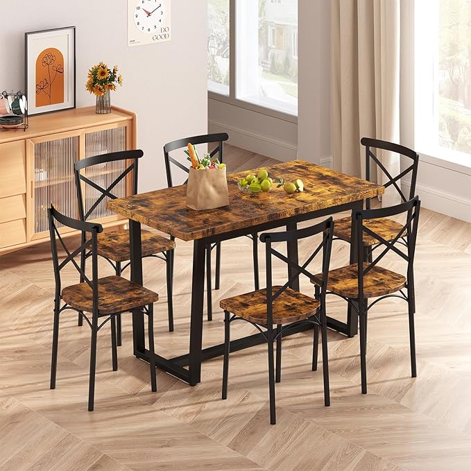 7-Piece Dining Table with Chairs Set, Rectangular Metal Frame Table with 6 Chairs, Modern Table Furniture Set for Kitchen, Dining Room and Living Room, Brown