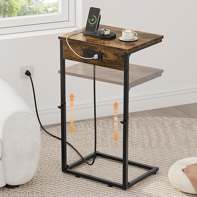 Vagusicc C Shaped End Table with Charging Station, Adjustable Height Side Table for Couch, Small Side Table, 33.2'' Tall Couch Tables That Slide Under, Tv Tray End Table for Living Room, Rustic Brown