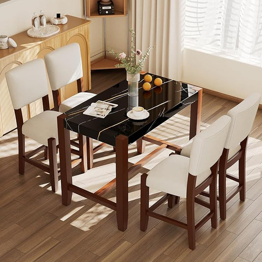 Ball & Cast 5-Piece Dining Table Set for 4,Kitchen Table Set W/Faux Marble Bar Table,Counter Height Living Room Furniture W/ 4 Upholstered Chairs,for Dining Room,Pub Kitchen,Small Place,Black+Beige