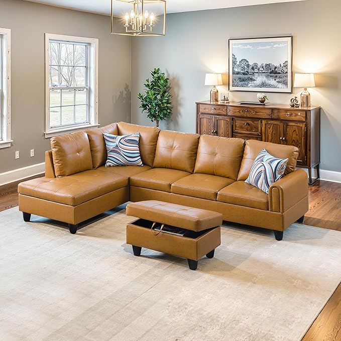 NicBex Sectional Couch 3 Pieces Sofa Set with Right Chaise Faux Leather L Shaped Cloud Couch for Living Room Furniture Sets with Storage Ottoman, Modular Sofa for Living Room & Apartment, Ginger