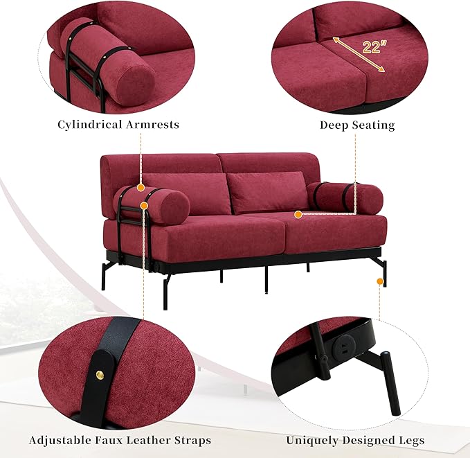 Modern Loveseat Sofa 59" Sofa Couch 2-Seater Sofa with Flexible USB Ports, Unique Cylindrical Armrests for Living Room, Red