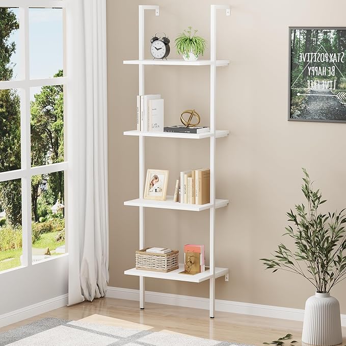 Ladder Shelf 4 Tiers Metal Industrial Bookshelf,White Wooden Tall Open Storage Rack and Display Shelves,Wall Mount Wide Bookcase for Home Office Bedroom,Small