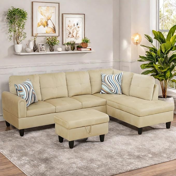 Sectional Couch with Otttoman, 97" L Shaped Couch Sectional Sofa for Living Room, Modern Modular Couches with Cup Holders for Bedroom, Apartments, Beige