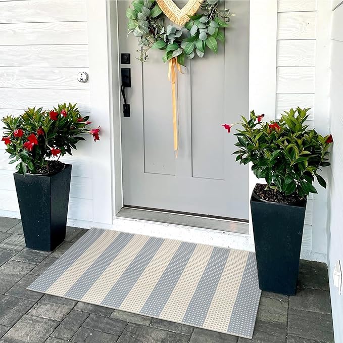 OJIA Front Door Mats Outdoor 24"x36" Machine Washable Indoor Outdoor Rugs Doormat Cotton Woven Entry Rug Striped Small Area Rugs for Front Porch/Bathroom/Farmhouse/Home Entrance (Blue/White/Tan)