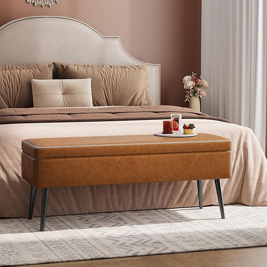 GarveeHome Storage Ottoman Bench, Mid-Century Modern Entryway Bedroom Bench, Synthetic Leather with Stitching, Safety Hinges, Loads 680 Lb, Brown