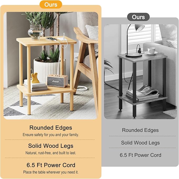 Apicizon 2 Tier End Table, Small Side Table with Charging Station, Boho Bedside Table with USB Ports and Outlets, Nightstand for Small Spaces, Bedroom, Living Room, Entryway, Easy Assembly, Natural
