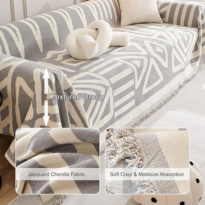 STACYPIK Boho Couch Cover, Chenille Gray Triangle Sofa Cover for 3 Cushion Couch,Non Slip Couch Protector for Dogs Pet-Friendly, Reversible Sectional Cover for L-Shaped, Tassels Throw Blanket-71X150IN