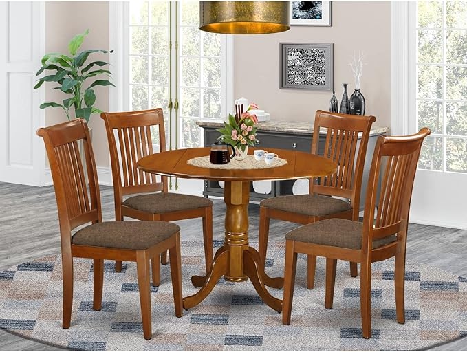 East West Furniture DLPO5-SBR-C 5 Piece Dinette Set for 4 Includes a Round Dining Room Table with Dropleaf and 4 Linen Fabric Upholstered Dining Chairs, 42x42 Inch, Saddle Brown