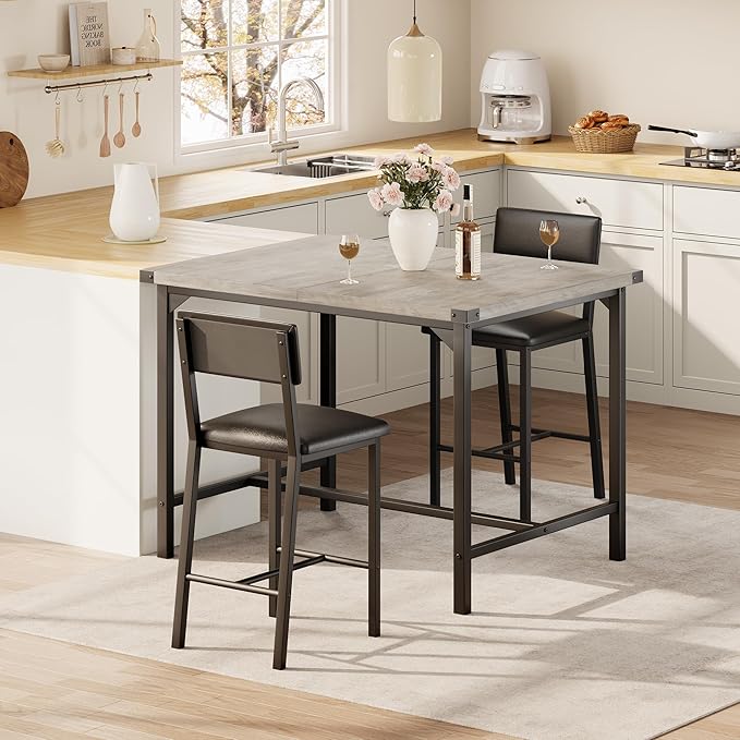 IDEALHOUSE Dining Table Set for 2 w/Counter Height Table & 2 Upholstered Bar Stools, 3-Piece Kitchen Table Set with Footrest & Corner Protector, for Kitchen Room, Apartment, Pub