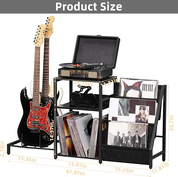 LELELINKY Record Player Stand, Black Adjustable Guitar Stand for Acoustic Guitar, Electric Guitar, Bass, Turntable Stand with Vinyl Display Shelf Storage Up to 150 Albums, End Table for Music Room