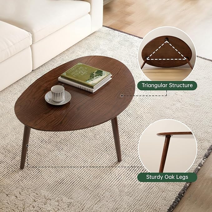Small Oval Coffee Table, 25.6'' Small Mid Century Modern End Table for Living Room, 100% Solid Oak Wood Side Table, Minimalist Display Center Table(Walnut Color, 25.59''Wx17.51''Dx19.68''H)