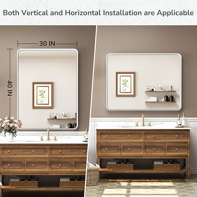 TokeShimi 40 x 30 Inch Wall Mirror for Bathroom White Metal Frame Decorative Rectangular Wall Mounted Home Decor Corner Hangs Farmhouse Mirror (Horizontal/Vertical)