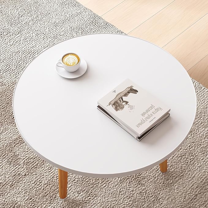 Round Coffee Table Low Table with 3 Solid Wood Sturdy Legs, Floor Table Desk for Sitting on The Floor, Storage and Living Room Furniture (White)