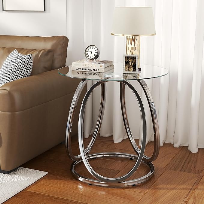O&K FURNITURE Silver End Table for Living Room, Glass Side Table for Bedroom, Modern Round Glass Nightstand with Metal Frames for Home Office, Chrome Finish, 1 PC