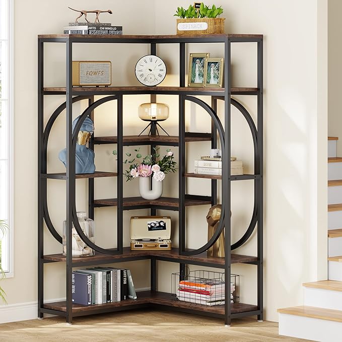 LITTLE TREE Large Corner Bookshelf Industrial Bookcase for Living Room Home Office,Brown