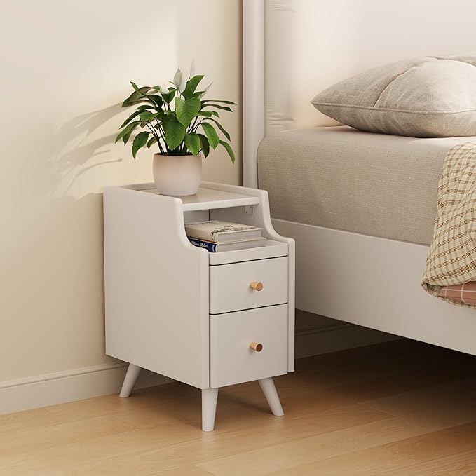 Small Nightstand with Drawers, Solid Wood Bedside Table, Narrow Walnut Nightstand for Bedroom