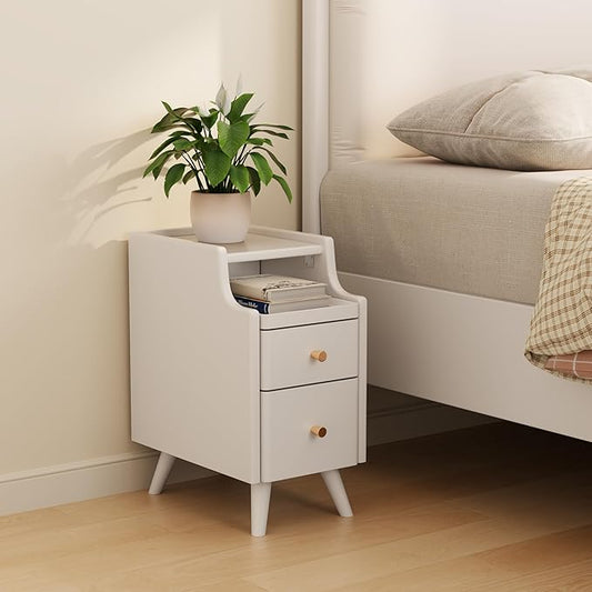 Small Nightstand with Drawers, Solid Wood Bedside Table, Narrow Walnut Nightstand for Bedroom
