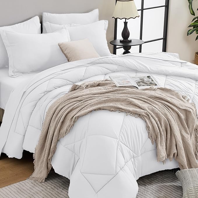 HEVUMYI Twin Comforter Set - 5-Piece All Season Bed in a Bag Twin, Ultra Soft Bedding Set with Comforter, Flat Sheet, Fitted Sheet, Pillowcases, Pillow Shams, White