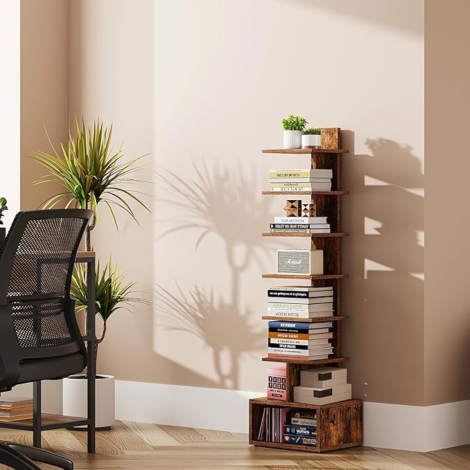 TUTOTAK Narrow Bookshelf, Vertical 8-Tier Bookcase, Spine Book Shelf for Small Space, Small Standing Shelf for Living Room, Office, Study, Entryway, Brown BS07BB008